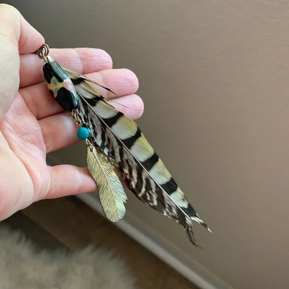 Feather and Bead Necklace - Gold, Brown, Black, Turquoise - Picture 5 of 8